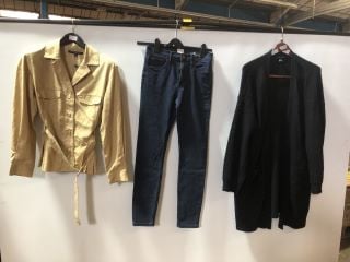 1X FRENCH CONNECTION ELKIE TWILL BELTED JACKET BISCOTTI SIZE 14 1X NEW LOOK LONG PU WOOL BLACK CARDIGAN 1X FRENCH CONNECTION REBOUND RESPONSE VINTAGE BLUE JEANS