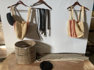 WICKER BASKET TO INCLUDE QTY OF WOVEN BELTS AND BAGS