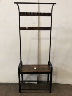 BLACK METAL AND WALNUT SHOERACK AND COAT HANGER