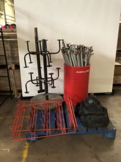 PALLET TO INCLUDE HELMET DISPLAY TREE 2 X RED METAL WALL MOUNTED RACK UNITS BACKPACK OF TWIN SLOT CHROME WATERFALL ARMS AND BUCKET OF RACKING ARMS