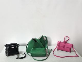 JAMIE BAGS BLACK STUDDED HANDBAG CHAIN STRAP JAMIE BAGS EMERALD FAUX LEATHER HANDBAG WITH MATCHING STRAP AND PURSE JAMIE BAGS PINK FAUX LEATHER HANDBAG WITH MATCHING STRAP