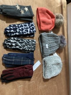 PURE FASION WINTER HAT STONE GREY X1 PURE FASION WINTERHAT CORAL PINK WITH FAUX RUBY GEMS X1 WINTER HAT FAUX WHITE AND BLACK FUR X1 WINTER GLOVES KILT BLUE PATTERN X1 WINTER GLOVES KILT RED PATTERN X