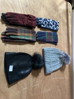 PURE FASION WINTER HAT BLACK WITH BLACK SEQUIN DECAL X1 WINTER HAT GREY X1 WINTER GLOVES ANIMALISTIC PATTERN X1 WINTER GLOVES KILT PATTERN ONE PEACH AND GREEN ONE RED ONE DARK BLUE AND RED