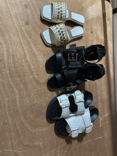 TRUFFLE COLLECTION TWO BUCKLE SANDLES WHITE AND BLACK WITH FAUX GOLD STUDDING SIZE 6/39 X1 MISS SOPHIA BLACK OPENED TOE CLOG HEELS SIZE 39  X1 HONEY SUCKLE WHITE AND TAN SANDLED WITH LARGE GOLD STUDD