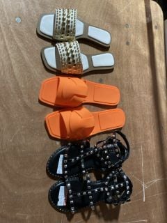 JELLO TANGERINE SLIP ON SANDLES SIZE 7 X1 HONEY SUCKLE WHITE AND TAN SANDLED WITH LARGE GOLD STUDDING SIZE 4/37 X1 PHOEBE FAUX SILVER STUDDED SANDLES BLACK SIZE 4 X1