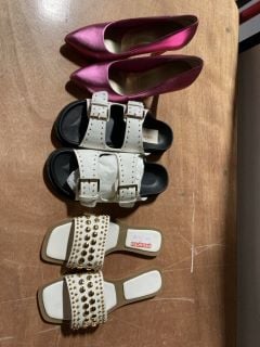 1X HONEY SUCKLE WHITE AND TAN SANDLED WITH LARGE GOLD STUDDING SIZE 6 X1 TRUFFLE COLLECTION TWO BUCKLE SANDLES WHITE AND BLACK WITH FAUX GOLD STUDDING SIZE 5/38 1X MARCO TOZZI CERISE STILLETO STYLE H