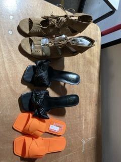 1X JELLO TANGERINE SLIP ON SANDLES SIZE 5 1X ERYNN BLACK KNOT BOW STILLETO HEEL SIZE 41 1X BELLUCCI SUEDE SAND YELLOW CLOG HEELS SIZE 41