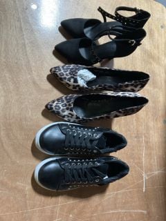 1X MISS SOPHIA BLACK AND WHITE TRAINERS WITH FAUX SILVER STUDS SIZE 38 1X MARCO TOZZI LEOPARD STILLETO STYLE HEEL SIZE 8 1X MARCO TOZZI SUEDE BLACK STILLETO STYLE SIZE 36