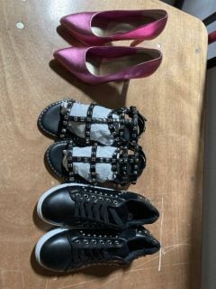 1X BELLUCCI  FAUX SILVER STUDDED SANDLES BLACK SIZE 37 X1MARCO TOZZI CERISE STILLETO STYLE HEELS SIZE 36 1X MISS SOPHIA BLACK AND WHITE TRAINERS WITH FAUX SILVER STUDS SIZE 40