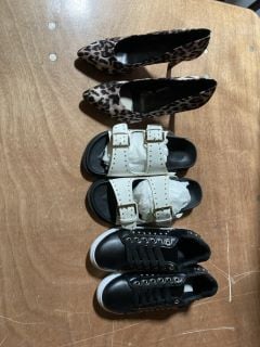 1X MISS SOPHIA BLACK AND WHITE TRAINERS WITH FAUX SILVER  STUDS SIZE 37 1X MARCO TOZZI LEOPARD PRINT STILLETO STYLE HEELS 1X TRUFFLE COLLECTION TWO BUCKLE SANDLES WHITE AND BLACK WITH FAUX GOLD STUDD