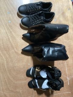 1X TRUFFLE COLLECTION KNEE HIGH STILLETO STYLE HEELS BLACK WITH SIDE ZIP SIZE 4/UDS SIZE 39V37 1X  MISS SOPHIA BLACK OPENED TOE CLOG HEELS SIZE 37 1X MISS SOPHIA BLACK AND WHITE TRAINERS WITH FAUX SI