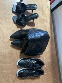 1X ERYNN BLACK KNOT BOW STILLETO HEEL SIZE 37 1X MISS SOPHIA BLACK AND WHITE TRAINERS WITH FAUX SILVER  STUDS SIZE 38 1X TRUFFLE COLLECTION KNEE HIGH STILLETO STYLE HEELS BLACK WITH SIDE ZIP SIZE 5/3