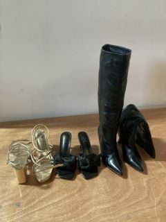 1X BELLUCCI FAUX GOLD OPEN TOED WEDGE CLOG STYLE HEELS SIZE41 1X ERYNN BLACK KNOT BOW STILLETO HEEL SIZE 1X TRUFFLE COLLECTION KNEE HIGH STILLETO STYLE HEELS BLACK WITH SIDE ZIP SIZE 4/37