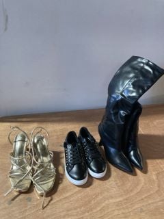 1X MISS SOPHIA BLACK AND WHITE TRAINERS WITH FAUX SILVER  STUDS SIZE 37 1X BELLUCCI FAUX GOLD OPEN TOED WEDGE CLOG STYLE HEELS SIZE 40 1X TRUFFLE COLLECTION KNEE HIGH STILLETO STYLE HEELS BLACK WITH