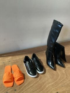 1X MISS SOPHIA BLACK AND WHITE TRAINERS WITH FAUX SILVER  STUDS SIZE 38 1X JELLO TANGERINE SLIP ON SANDLES SIZE 5 1X TRUFFLE COLLECTION KNEE HIGH STILLETO STYLE HEELS BLACK WITH SIDE ZIP SIZE 6/36