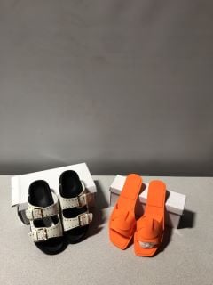 1X JELLO TANGERINE SLIP ON SANDLES SIZE 8 X1 TRUFFLE COLLECTION TWO BUCKLE SANDLES WHITE AND BLACK WITH FAUX GOLD STUDDING SIZE 4/37