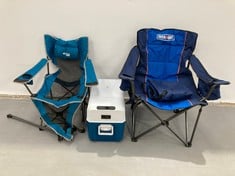 3 X CAMPING ITEMS INCLUDING ELECTRIC COOLER (BROKEN ON THE SIDE).