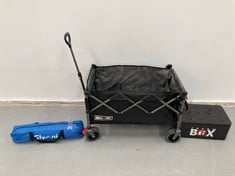 3 X CAMPING ITEMS INCLUDING TROLLEY WITH BLACK OVERMONT WHEELS).