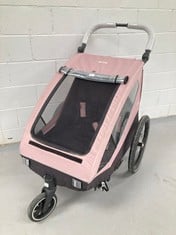 HAUCK CHILDREN'S BIKE TRAILER 2 SEATER DRYK DUO - COMPLETE BIKE TRAILER FROM 6 MONTHS TO 22 KG - HITCH INCLUDED, TWIN BUGGY XL LUGGAGE COMPARTMENT - FOLDING - PINK (DIRTY AND BROKEN).