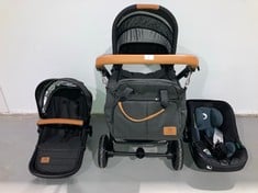 LIONELO BABY CARRIAGE GREY AND BROWN WITH PUSHCHAIR AND MAXICOSI (BROKEN ON HANDLEBARS).