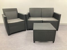 KETER NORA OUTDOOR GARDEN SET 4 SEATER WITH CUSHIONS INCLUDED AND 35L STORAGE TABLE, POSSIBILITY OF 2 ASSEMBLY CONFIGURATIONS (2+2 OR 3+1), COLOUR GRAPHITE (INCOMPLETE).