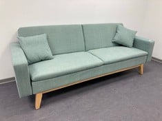 GREENISH BLUE SOFA BED WITH WOODEN LEGS AND 2 CUSHIONS.