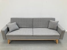 SOFA BED GREY COLOUR WOODEN LEGS WITH 2 CUSHIONS.