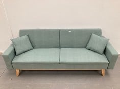 2 SEATER SOFA TEAL, 2 CUSHIONS, WOODEN LEGS (DAMAGED).