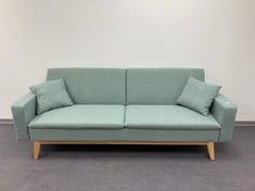 TURQUOISE BLUE TWO SEATER SOFA BED WITH TWO CUSHIONS AND WOODEN LEGS.