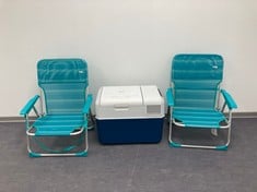 3 X CAMPING ITEMS INCLUDING MOBICOOL ELECTRIC COOLER (NOT WORKING AND DAMAGED CASING).