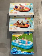 3 X INFLATABLE WATER FEATURES INCLUDING INTEX EXPLORER PRO BOAT.