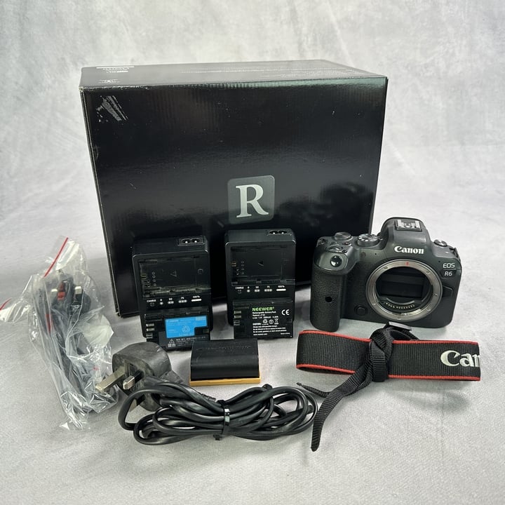 Canon EOS R6 Mirrorless Camera (Body Only), With Box, 2x Chargers, 3x Batteries And Strap.