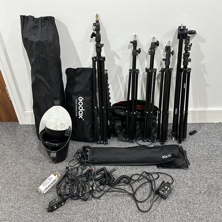 Various Photography Equipment Including Stands, Softboxes & Other Items.