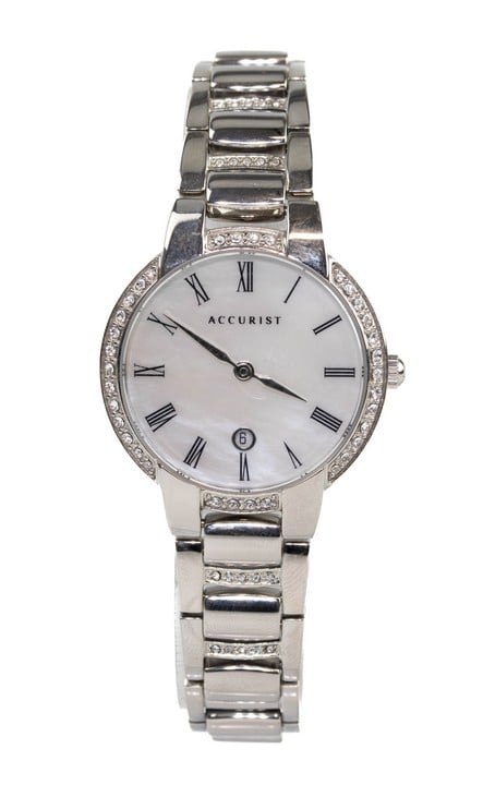 Accurist Quartz Watch, Model: 8297 MOP Dial with Clear Stones Bezel, Stainless Steel Bracelet. Brief Condition Report: Ex Display (Not Currently Running) (VAT Only Payable on Buyers Premium)