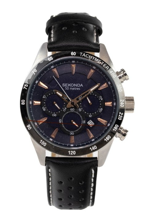 Sekonda Chronograph Quartz Watch, Model: 1700 CPT Black Dial with Black Leather Strap. Brief Condition Report: Ex Display (Currently Running) (VAT Only Payable on Buyers Premium)