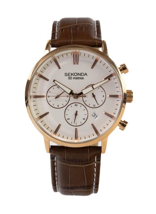 Sekonda Chronograph Quartz Watch, Model: 1668 APT White Dial, Rose Gold Plated Stainless Steel Bezel with Brown Leather Strap. Brief Condition Report: Ex Display (Currently Running) (VAT Only Payable