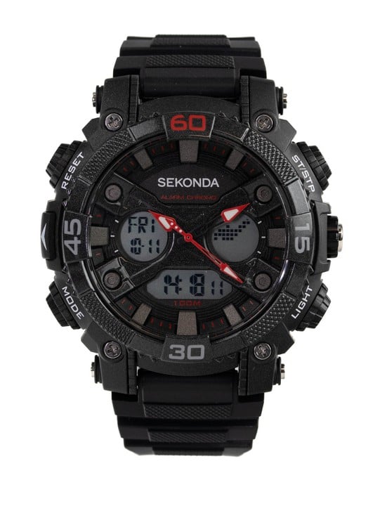 Sekonda Digital Watch, Model: 1036 DLW Stainless Steel Back Case and Black Plastic Strap. The functions of the watch include a backlight, a stopwatch, an alarm and water resistance to 100M. Brief Con