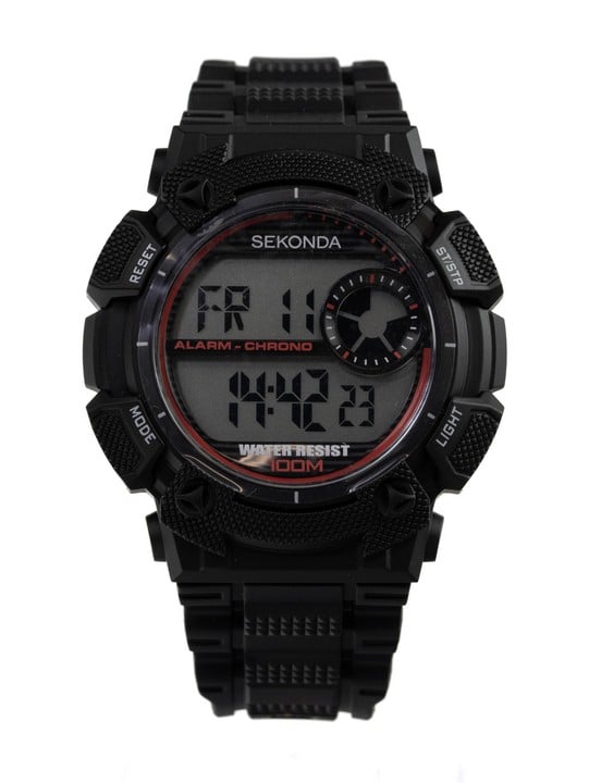 Sekonda Digital Watch, Model: 1676 DLW Black Bezel, Steel Back with Black Plastic Strap. The functions of the watch include a backlight, a calendar, a stopwatch, an alarm and water resistance to 100