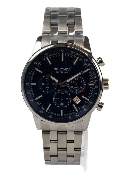 Sekonda Chronograph Quartz Watch, Model: 1008 Navy Blue with Dial Stainless Steel Bracelet. Brief Condition Report: Ex Display (Currently Running) (VAT Only Payable on Buyers Premium)