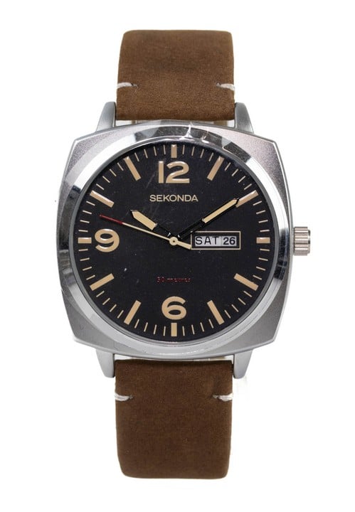 Sekonda Quartz Watch, Model: 1988 Matt Black Dial, Stainless Steel Case with Brown Suede Strap. Brief Condition Report: Ex Display (Not Currently Running) (VAT Only Payable on Buyers Premium)