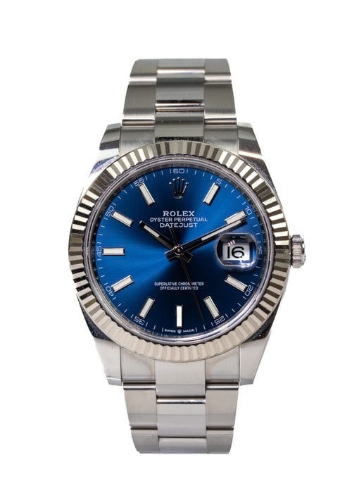 Rolex Datejust 41 Automatic Watch
Ref: 126334
Year: 2021
Size: 41mm
Movement: Automatic, Calibre 3235
Case: Stainless Steel Case with 18ct White Gold Fixed Fluted Bezel, Blue Dial with Baton Hour Mar