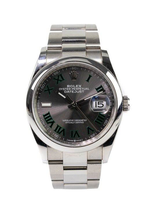 Rolex Datejust 36 Automatic Watch
Ref: 126200
Year: 2021
Size: 36mm
Movement: Automatic, Calibre 3235
Case: Stainless Steel Case with Stainless Steel Polished Bezel, Wimbledon Dial with Roman Numeral