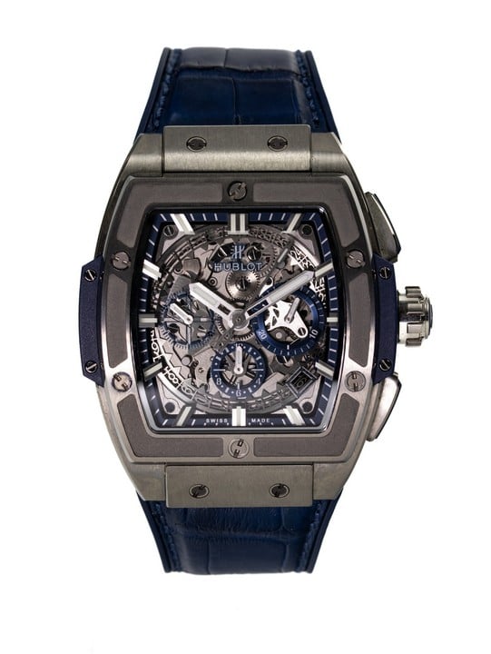 Hublot Spirit of Big Bang Automatic Watch
Ref: HUB4700
Year: Unknown
Size: 42mm
Movement: Automatic
Case: Titanium Case with Ceramic Bezel
Bracelet: Blue Leather Strap 
Brief Condition Report: Time c