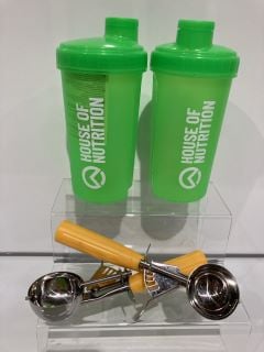 BOX OF ITEMS TO INCLUDE HOUSE OF NUTRITION SHAKER GREEN BOTTLE