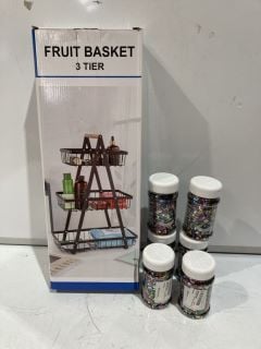 BOX OF ITEMS TO INCLUDE A 3 TIER FRUIT BASKET