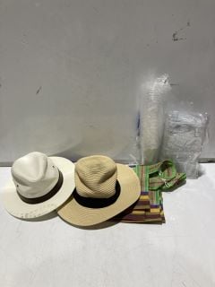 BOX OF ITEMS TO INCLUDE BEIGE BEACH HAT 61CM