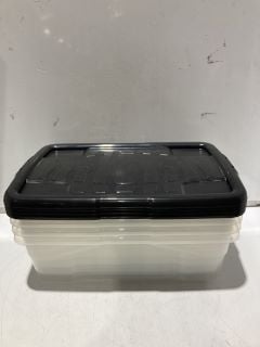 BOX OF STORAGE TUBS WITH BLACK LIDS