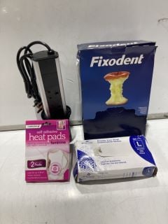 BOX OF ITEMS TO INCLUDE FIXODENT CREAM AND BRUSHES