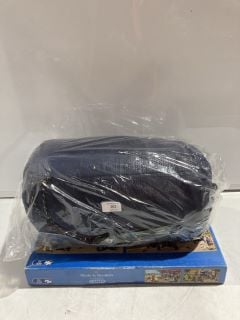 BOX OF ITEMS TO INCLUDE OUTSETTER NAVY BLUE SLEEPING BAG