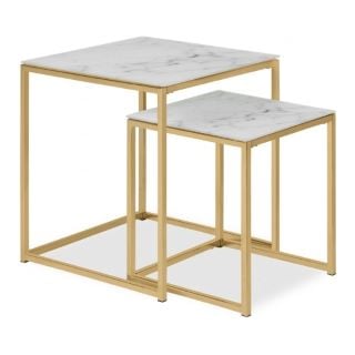 2 ALISMA SET OF 2 NESTING SIDE TABLES, WHITE MARBLED GLASS & BRASS